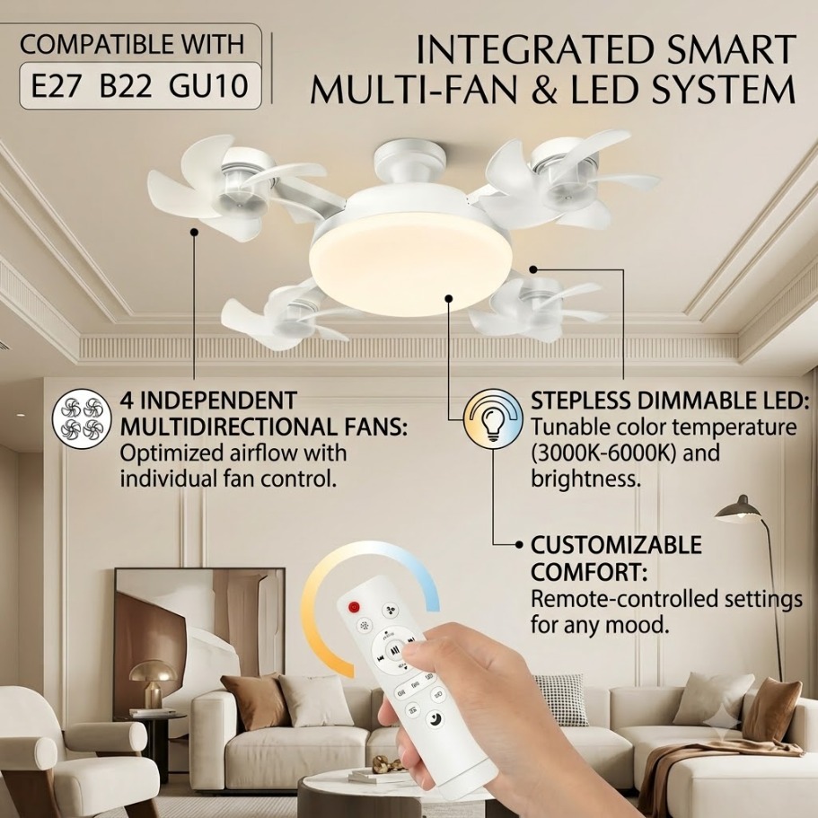Drone Beacon Light - 3/4ヘッドドローンスタイル3-in-1シーリングファンライトAC85-265V 3色調光可能E27 E14 B22 GU10ヘッド、リモコン付き、寝室用