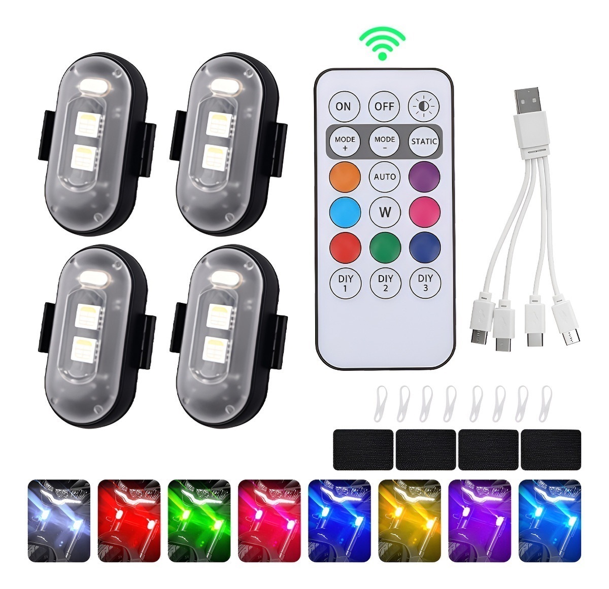 Drone Strobe Light - 4個入りLEDストロボライト、リモコン付き、8色、ワイヤレス、衝突防止ストロボフラッシュライト、車、バイク、ドローン用 ﻿ ﻿