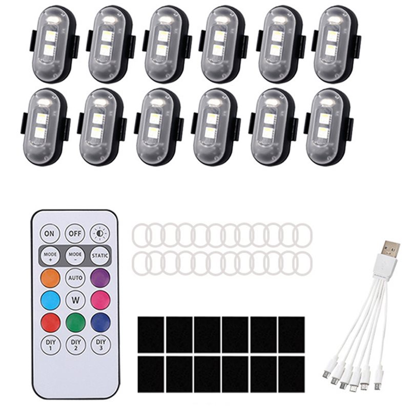 Drone Strobe Light - ワイヤレスLEDストロボライトキット12個入り 8色RGB、リモコン式警告灯 車、バイク、ドローン用